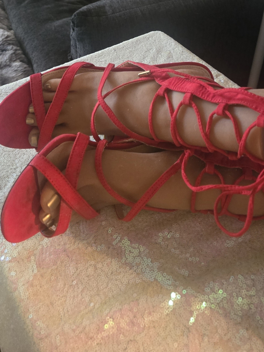 Red Lace-Up Suede Women’s Heels